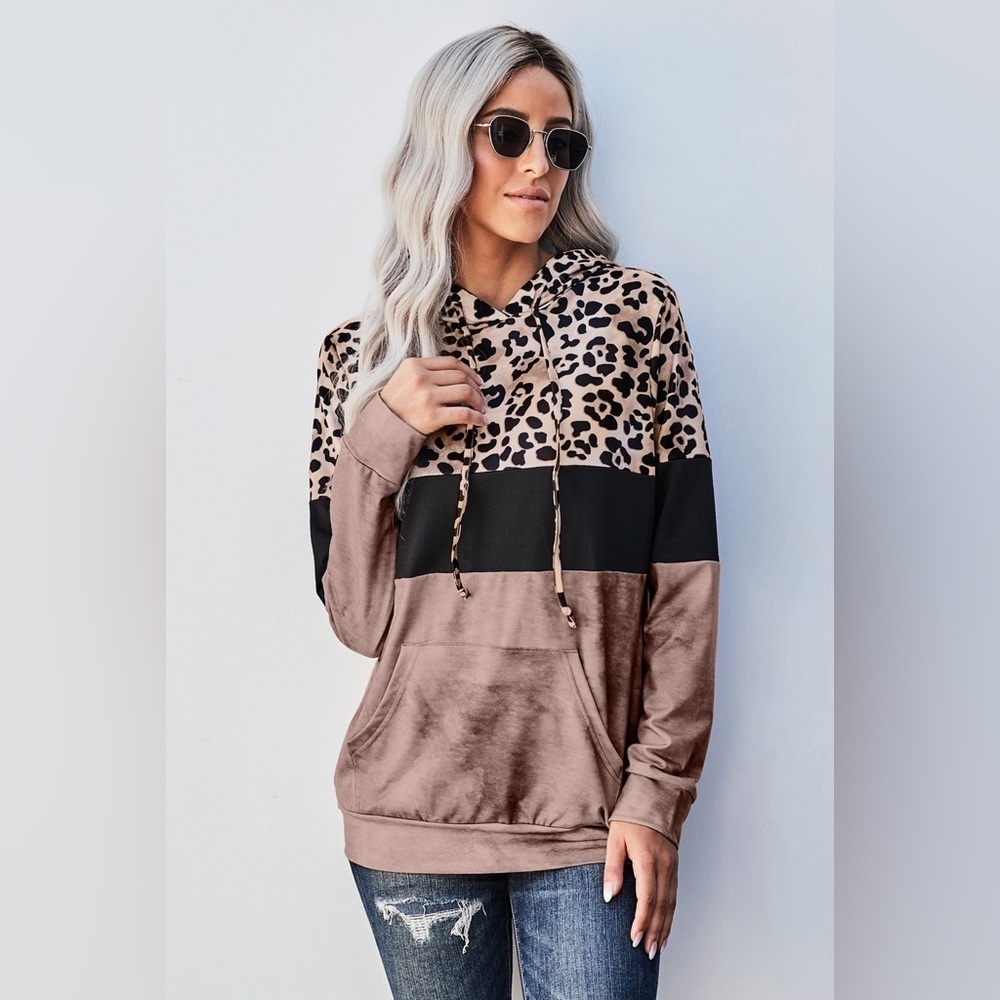 Leopard Print Hoodie - Contrast Color Block - Drawstring - Kangaroo Pockets
